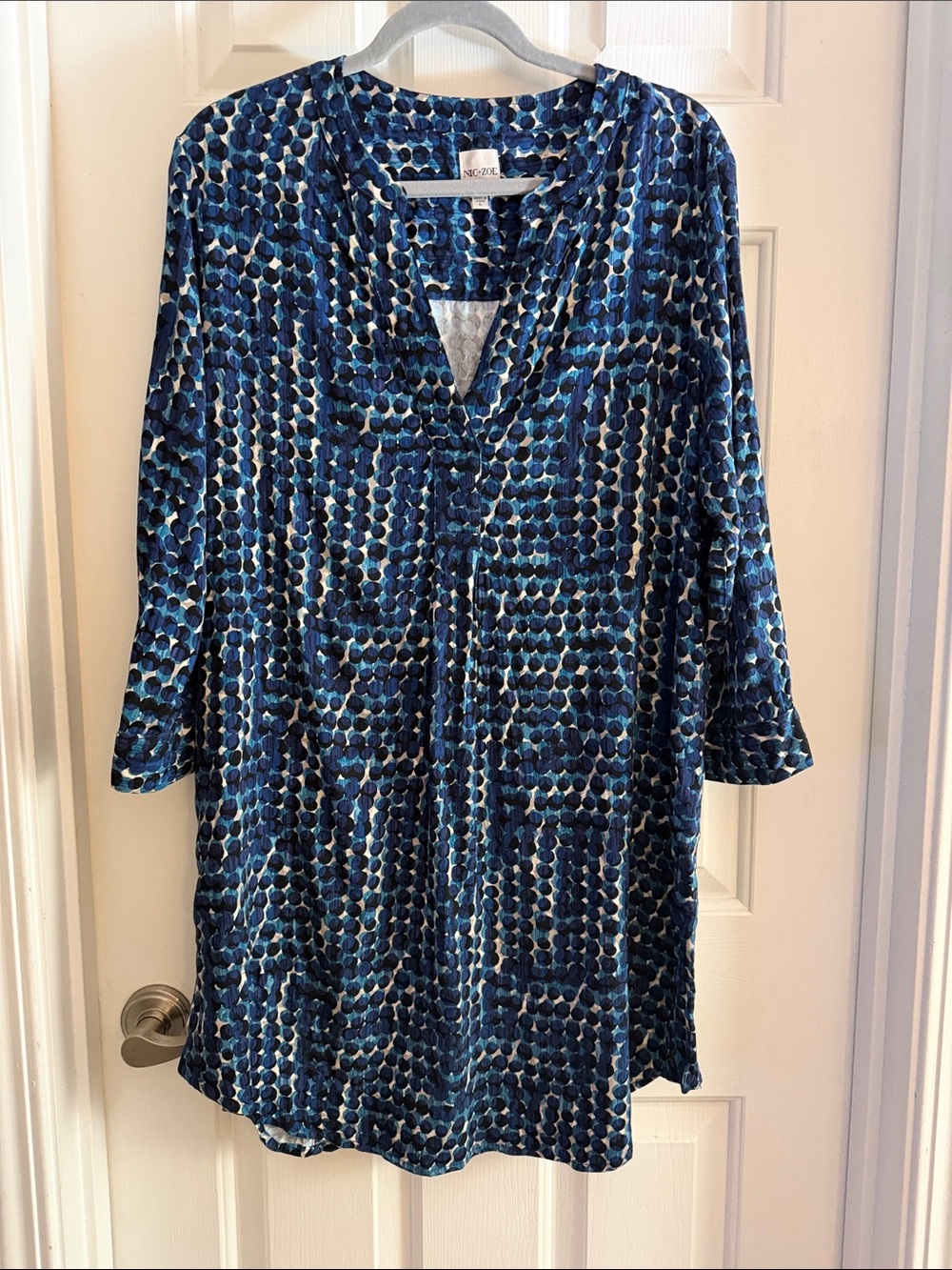NIC+ZOE good vibes Blue Printed V-Neck Long Sleeve Shift Dress large dot print - Picture 3 of 7